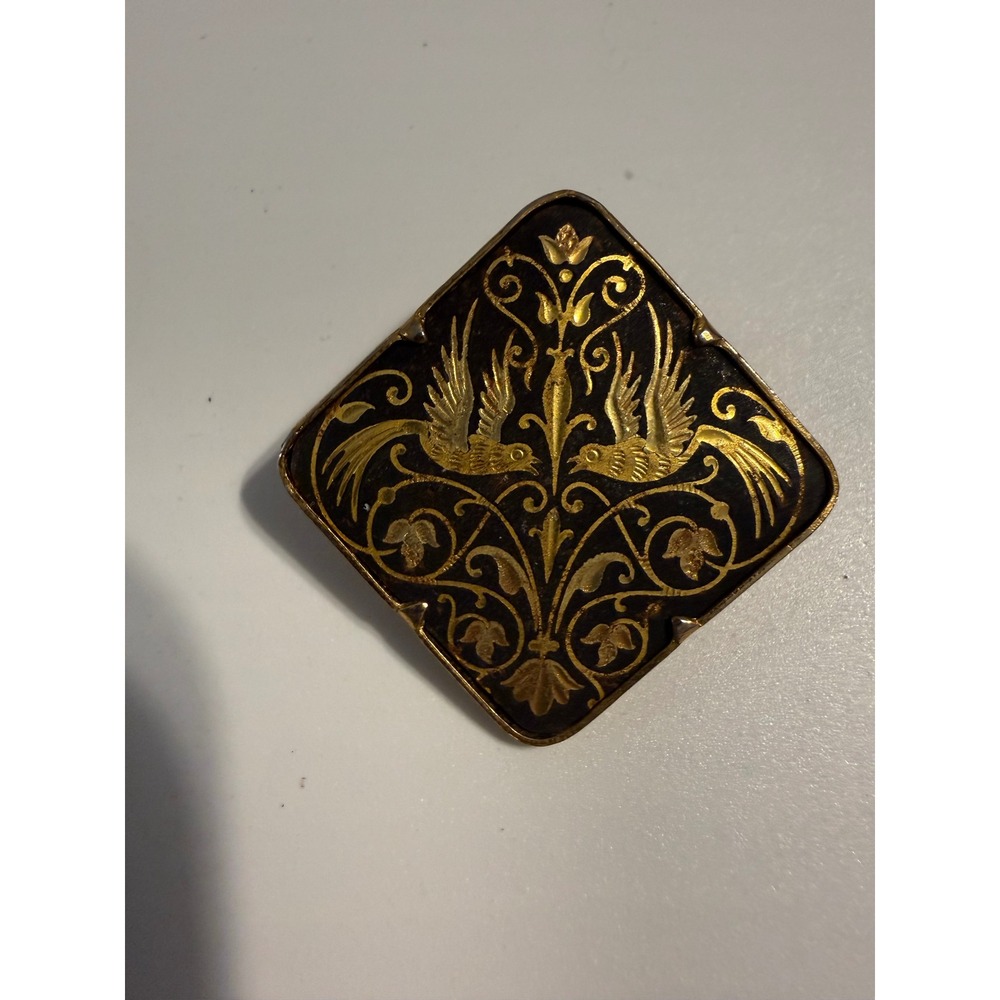 Vintage Toledo Damascene Bird‎ Brooch Gold Inlay Black Enamel Diamond Pin Spain